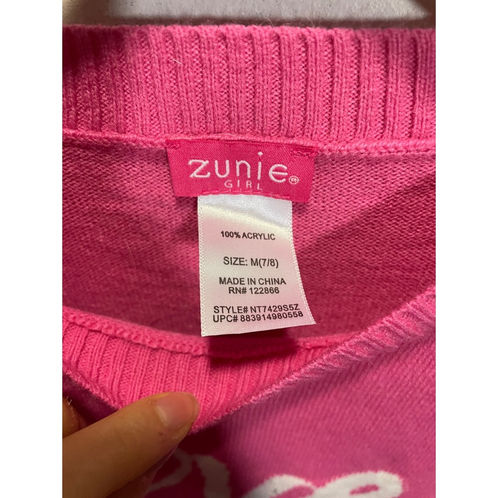 Zunie Girl Love Sweater Kids Medium 7/8 Pink Graphic Heart Knit Pullover Cozy - Picture 4 of 4